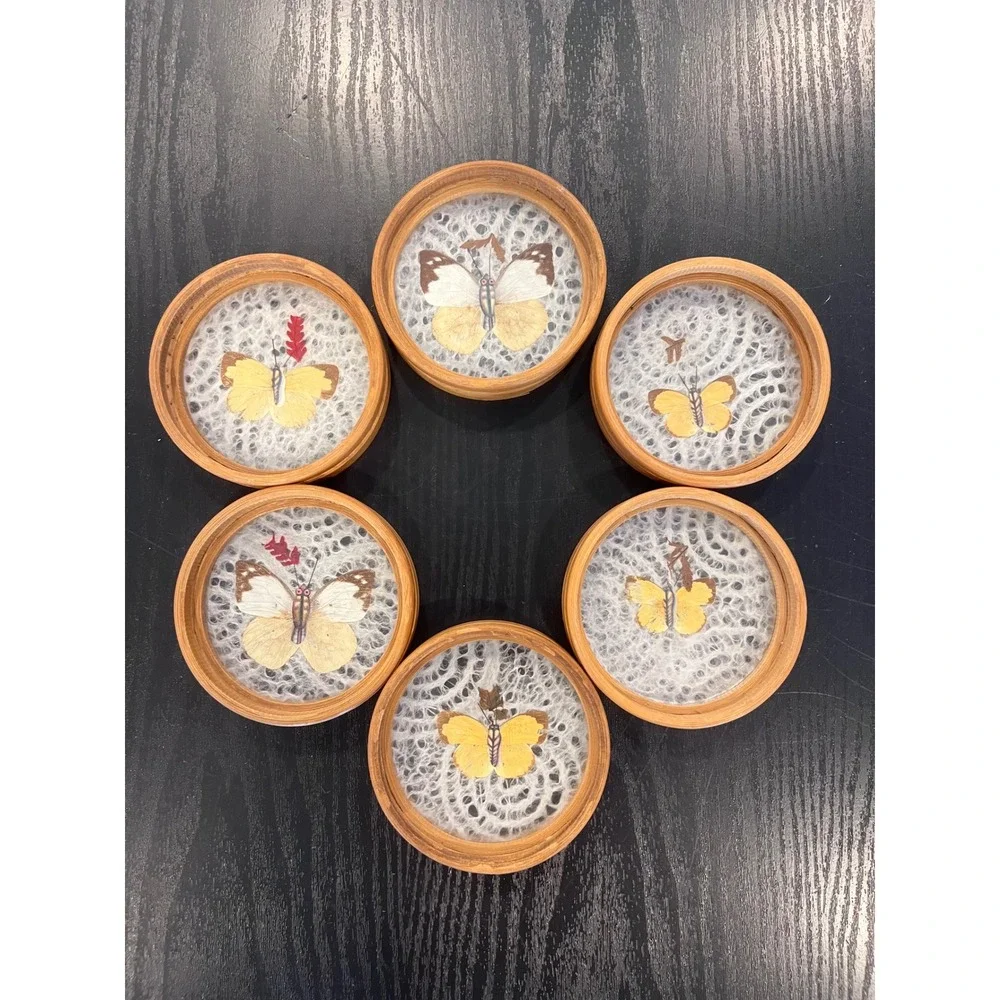 Vintage Bamboo Coasters Set of 6 Real Preserved Butterfly Glass Boho Decor